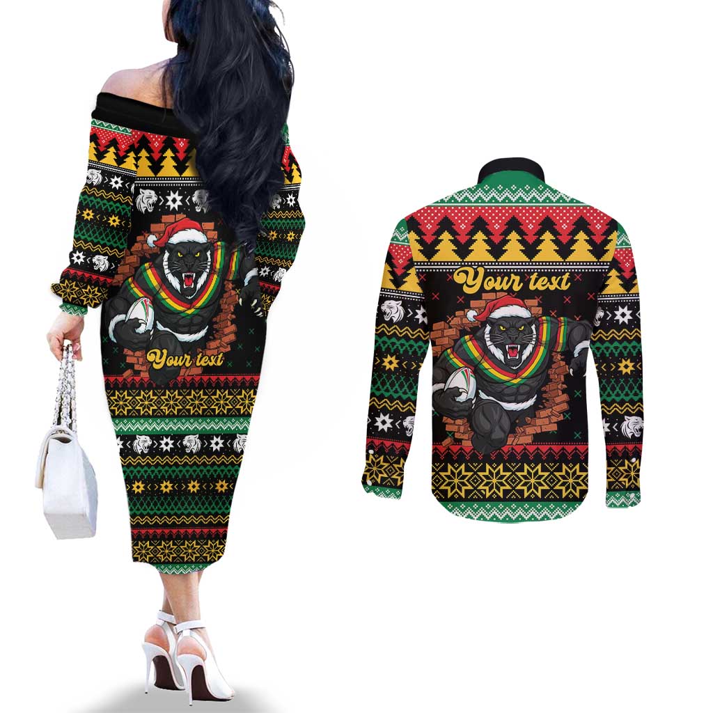 Merry Panther Roar Personalized Couples Matching Off The Shoulder Long Sleeve Dress and Long Sleeve Button Shirt Christmas Rugby League Spirit - Aussie Hoodie