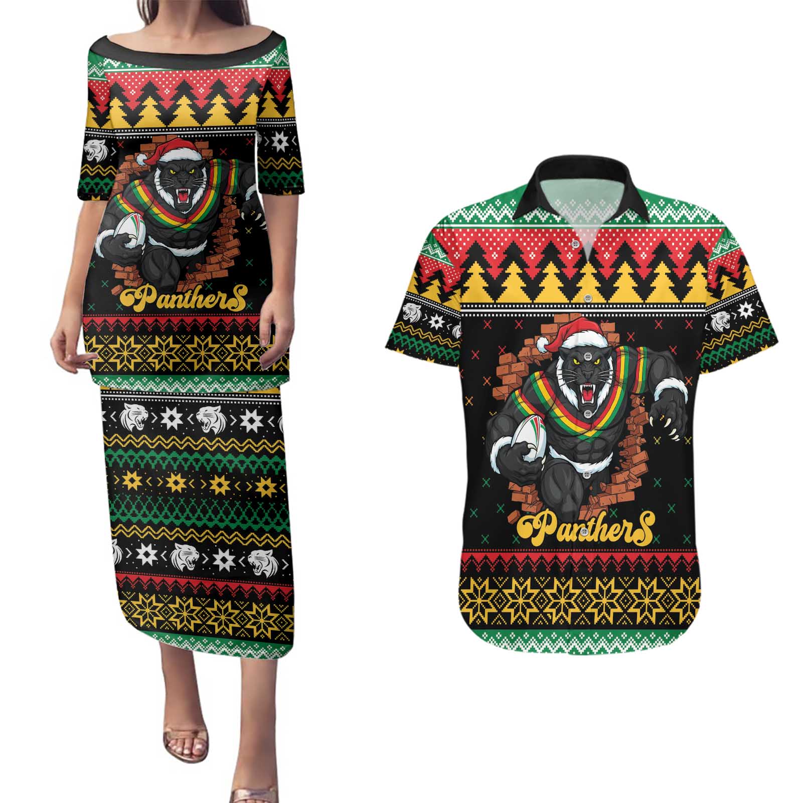 Merry Panther Roar Personalized Couples Matching Puletasi and Hawaiian Shirt Christmas Rugby League Spirit - Aussie Hoodie