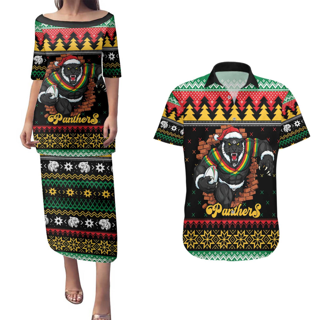 Merry Panther Roar Personalized Couples Matching Puletasi and Hawaiian Shirt Christmas Rugby League Spirit - Aussie Hoodie