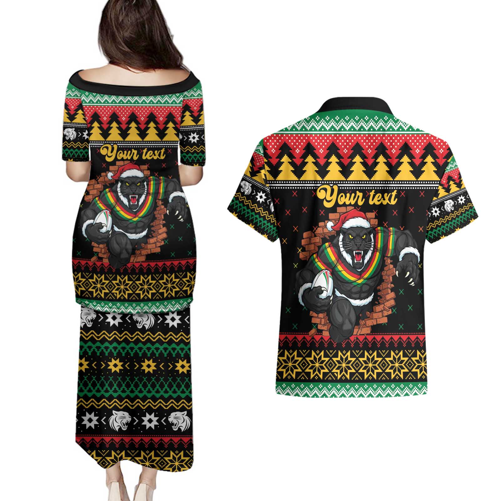Merry Panther Roar Personalized Couples Matching Puletasi and Hawaiian Shirt Christmas Rugby League Spirit - Aussie Hoodie