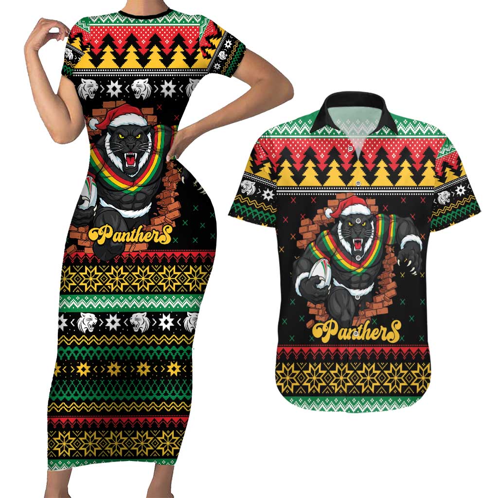 Merry Panther Roar Personalized Couples Matching Short Sleeve Bodycon Dress and Hawaiian Shirt Christmas Rugby League Spirit - Aussie Hoodie