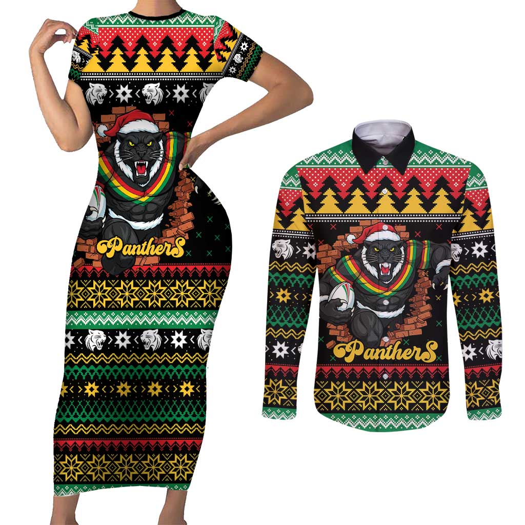 Merry Panther Roar Personalized Couples Matching Short Sleeve Bodycon Dress and Long Sleeve Button Shirt Christmas Rugby League Spirit - Aussie Hoodie