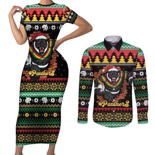 Merry Panther Roar Personalized Couples Matching Short Sleeve Bodycon Dress and Long Sleeve Button Shirt Christmas Rugby League Spirit - Aussie Hoodie