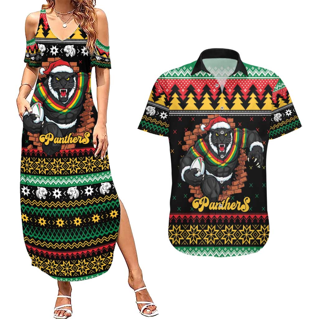 Merry Panther Roar Personalized Couples Matching Summer Maxi Dress and Hawaiian Shirt Christmas Rugby League Spirit - Aussie Hoodie