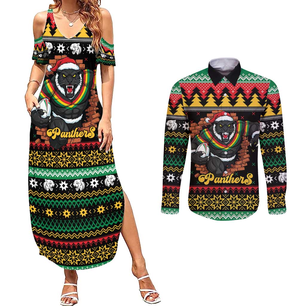 Merry Panther Roar Personalized Couples Matching Summer Maxi Dress and Long Sleeve Button Shirt Christmas Rugby League Spirit - Aussie Hoodie