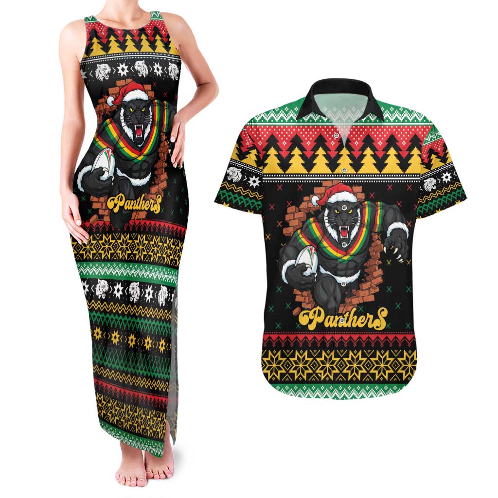 Merry Panther Roar Personalized Couples Matching Tank Maxi Dress and Hawaiian Shirt Christmas Rugby League Spirit - Aussie Hoodie