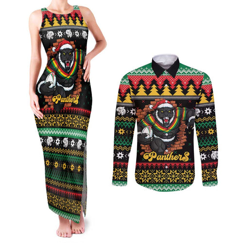 Merry Panther Roar Personalized Couples Matching Tank Maxi Dress and Long Sleeve Button Shirt Christmas Rugby League Spirit - Aussie Hoodie
