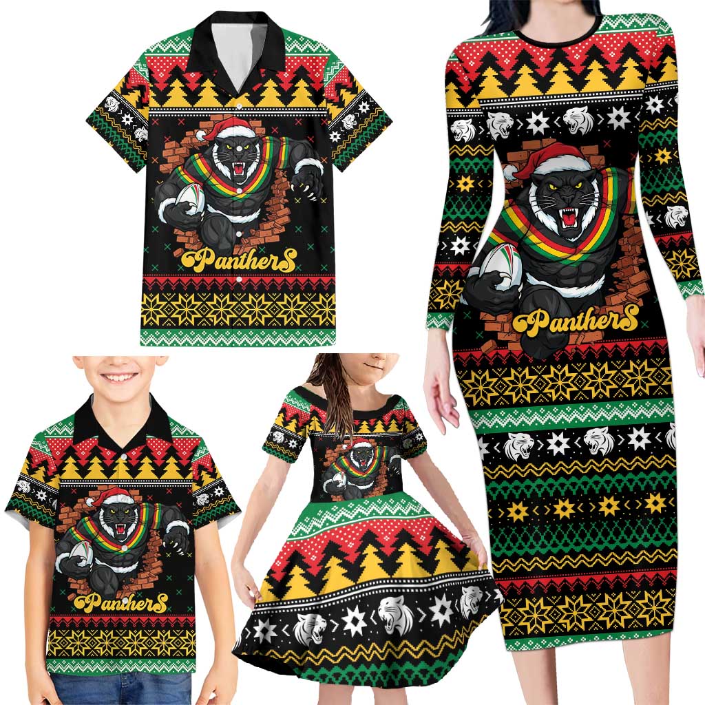 Merry Panther Roar Personalized Family Matching Long Sleeve Bodycon Dress and Hawaiian Shirt Christmas Rugby League Spirit - Aussie Hoodie