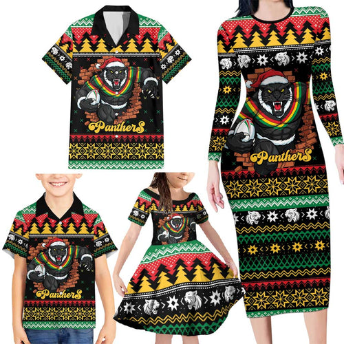 Merry Panther Roar Personalized Family Matching Long Sleeve Bodycon Dress and Hawaiian Shirt Christmas Rugby League Spirit - Aussie Hoodie