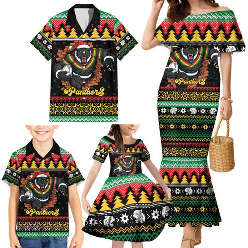 Merry Panther Roar Personalized Family Matching Mermaid Dress and Hawaiian Shirt Christmas Rugby League Spirit - Aussie Hoodie