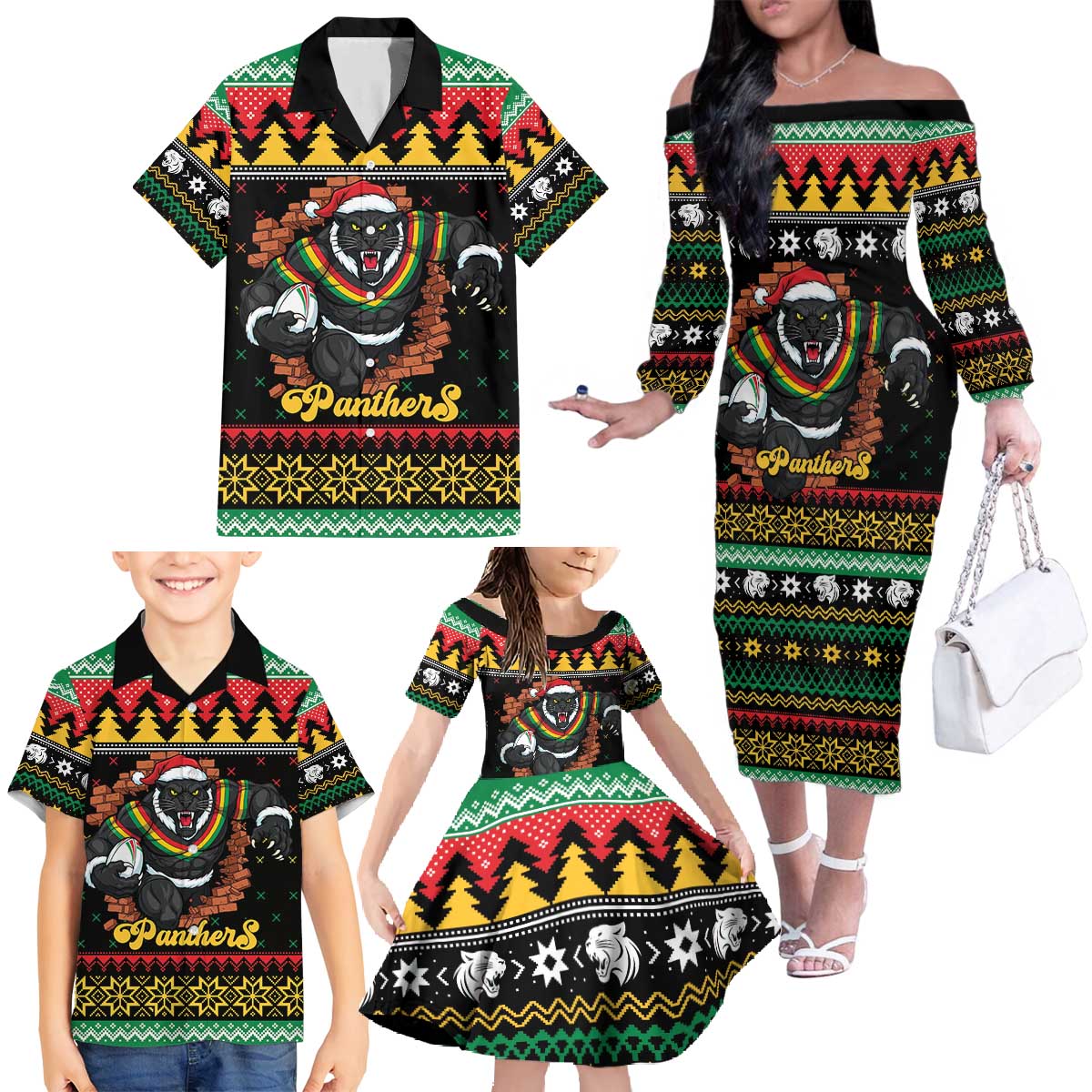 Merry Panther Roar Personalized Family Matching Off The Shoulder Long Sleeve Dress and Hawaiian Shirt Christmas Rugby League Spirit - Aussie Hoodie