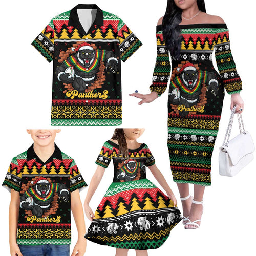 Merry Panther Roar Personalized Family Matching Off The Shoulder Long Sleeve Dress and Hawaiian Shirt Christmas Rugby League Spirit - Aussie Hoodie