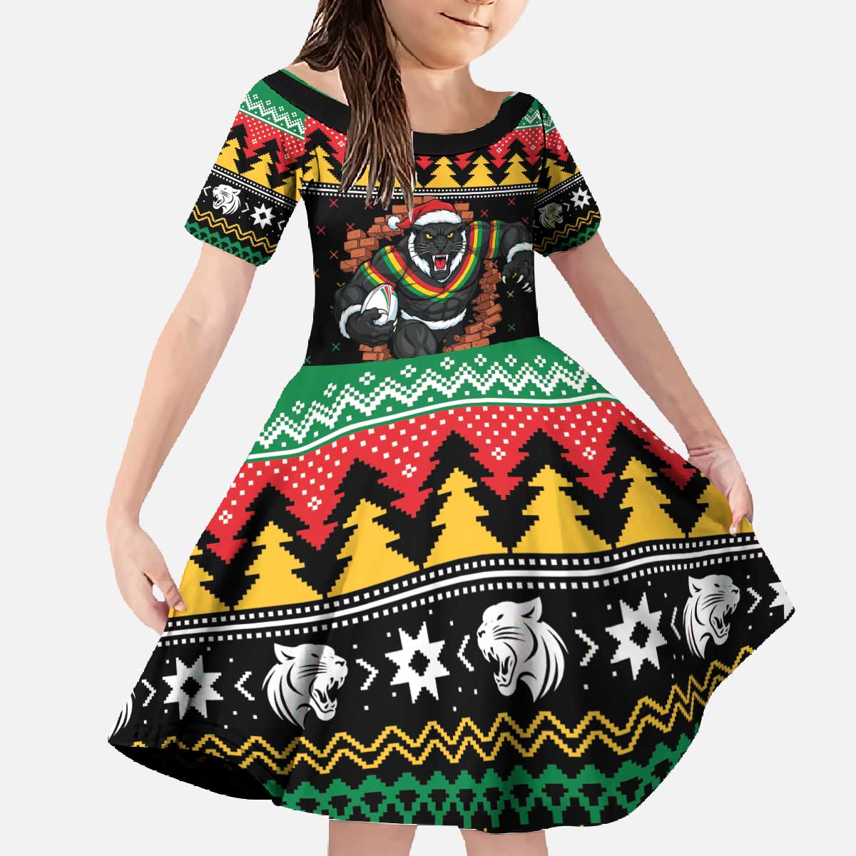 Merry Panther Roar Personalized Family Matching Off The Shoulder Long Sleeve Dress and Hawaiian Shirt Christmas Rugby League Spirit - Aussie Hoodie