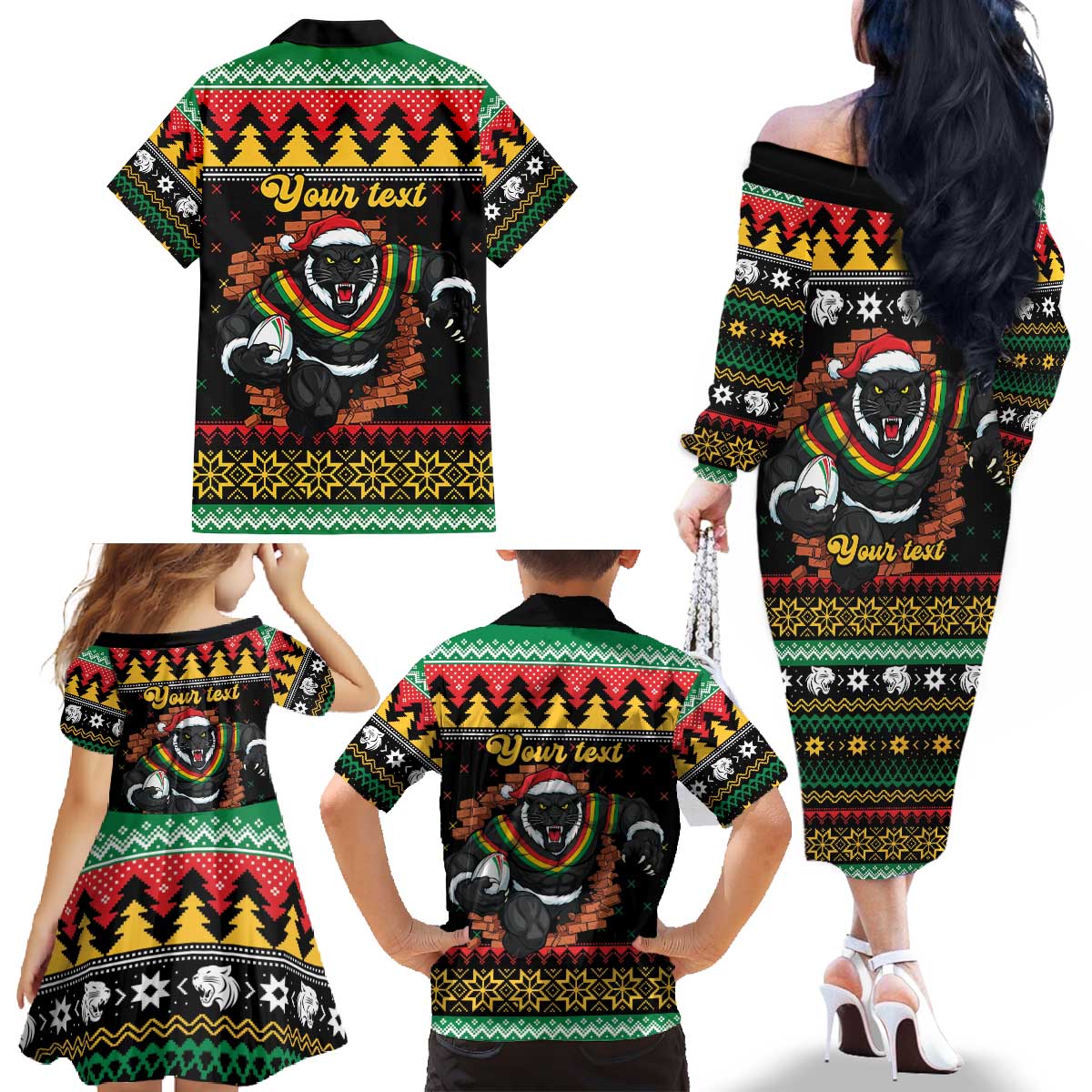Merry Panther Roar Personalized Family Matching Off The Shoulder Long Sleeve Dress and Hawaiian Shirt Christmas Rugby League Spirit - Aussie Hoodie