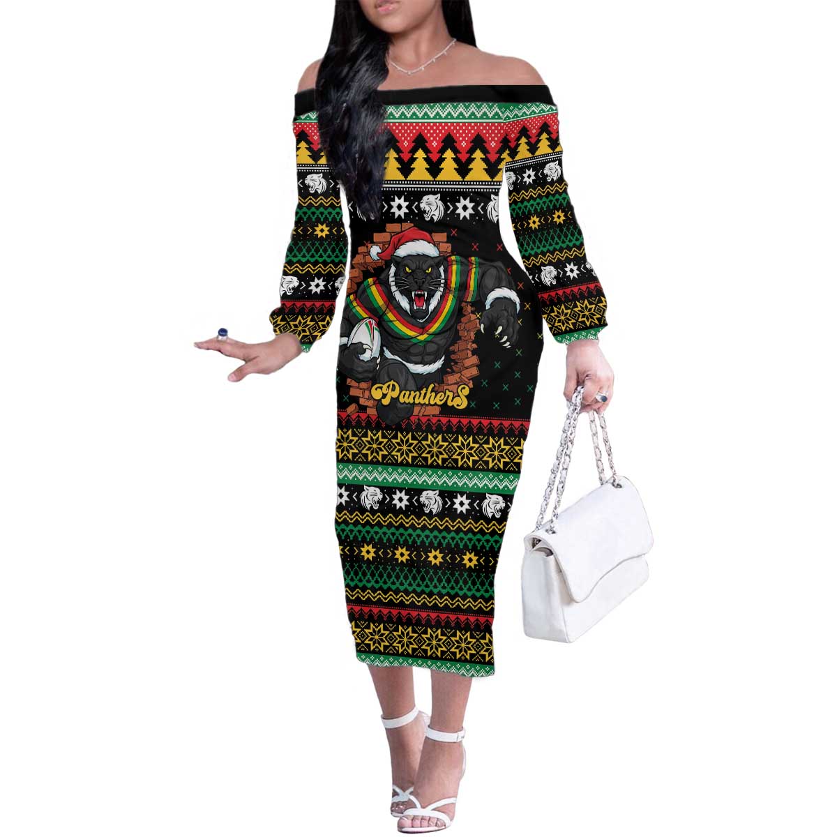 Merry Panther Roar Personalized Family Matching Off The Shoulder Long Sleeve Dress and Hawaiian Shirt Christmas Rugby League Spirit - Aussie Hoodie