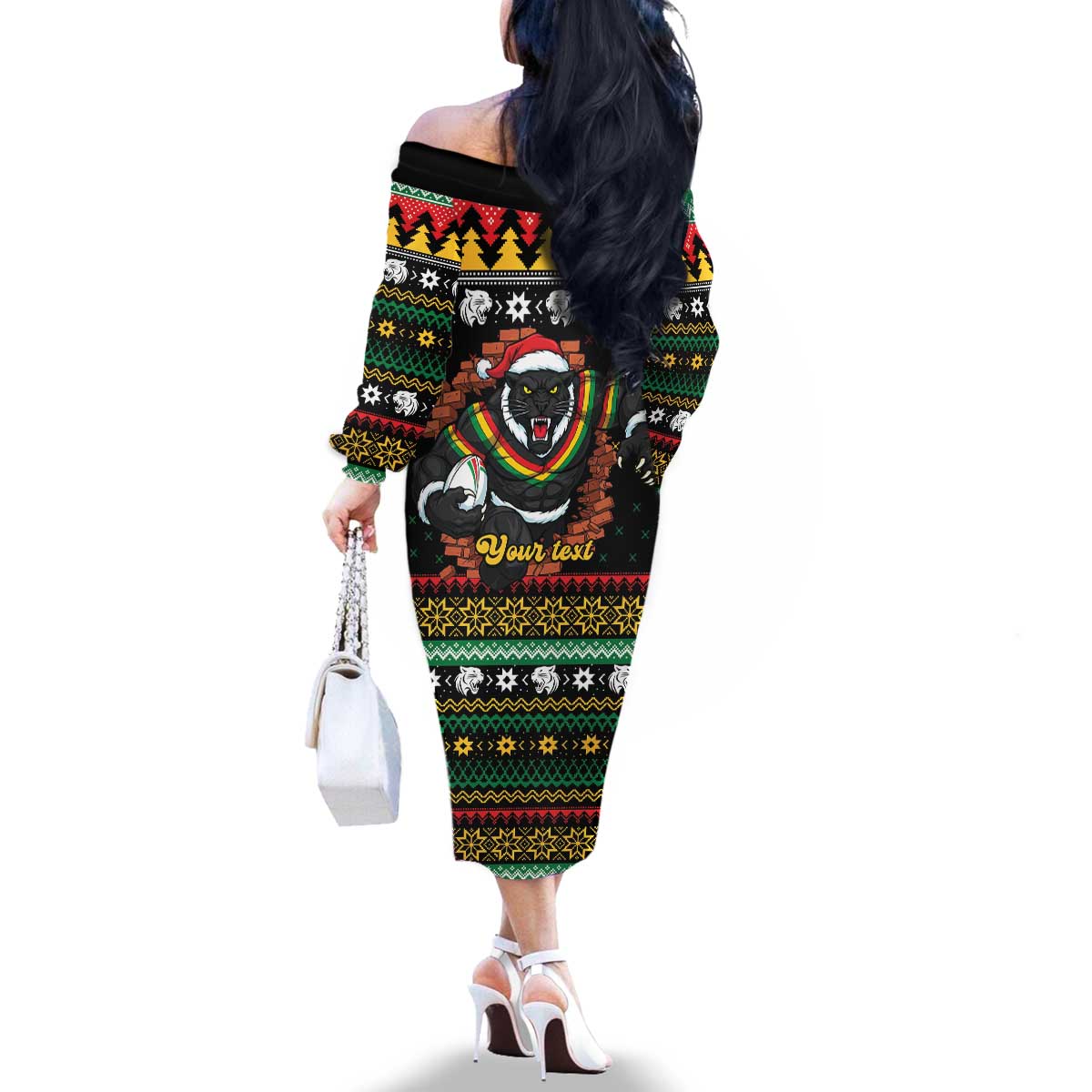 Merry Panther Roar Personalized Family Matching Off The Shoulder Long Sleeve Dress and Hawaiian Shirt Christmas Rugby League Spirit - Aussie Hoodie