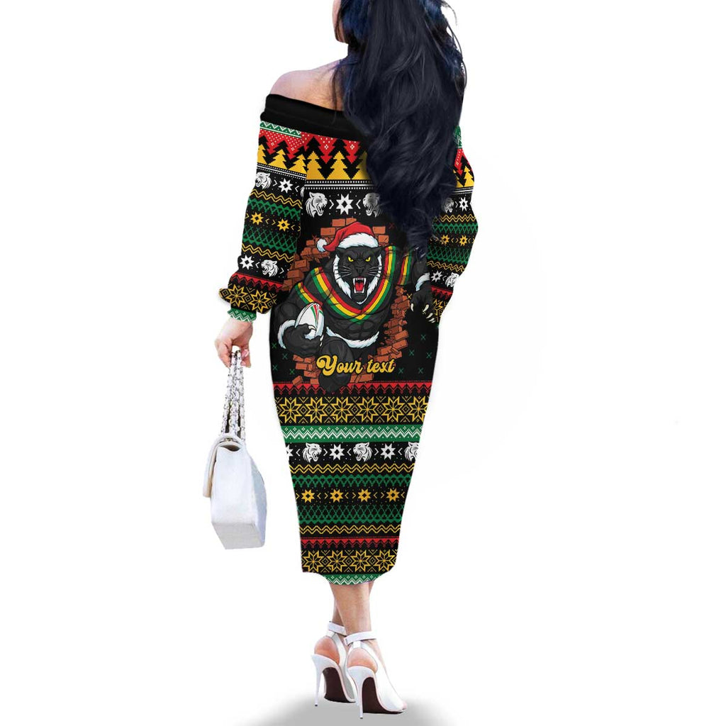 Merry Panther Roar Personalized Family Matching Off The Shoulder Long Sleeve Dress and Hawaiian Shirt Christmas Rugby League Spirit - Aussie Hoodie