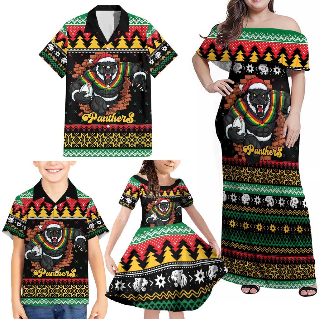 Merry Panther Roar Personalized Family Matching Off Shoulder Maxi Dress and Hawaiian Shirt Christmas Rugby League Spirit - Aussie Hoodie