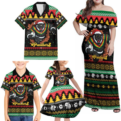 Merry Panther Roar Personalized Family Matching Off Shoulder Maxi Dress and Hawaiian Shirt Christmas Rugby League Spirit - Aussie Hoodie
