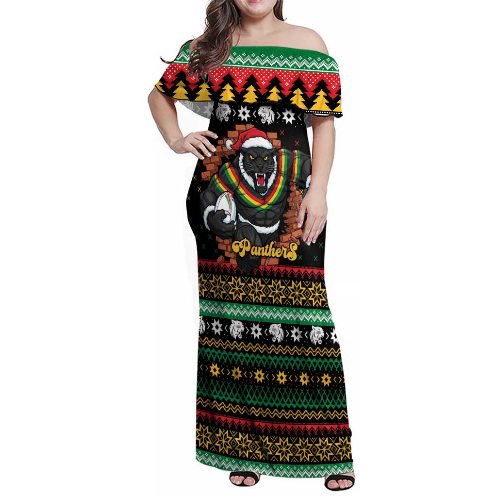 Merry Panther Roar Personalized Family Matching Off Shoulder Maxi Dress and Hawaiian Shirt Christmas Rugby League Spirit - Aussie Hoodie
