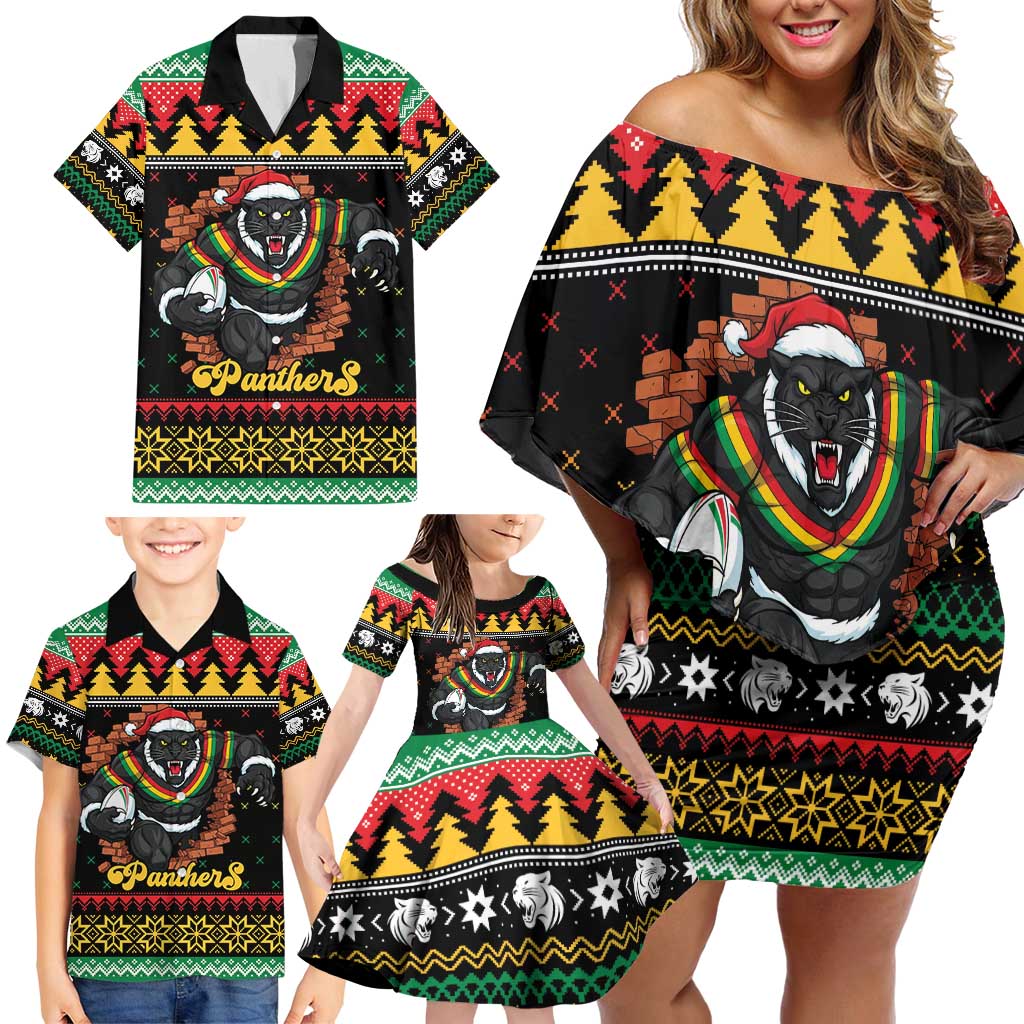 Merry Panther Roar Personalized Family Matching Off Shoulder Short Dress and Hawaiian Shirt Christmas Rugby League Spirit - Aussie Hoodie