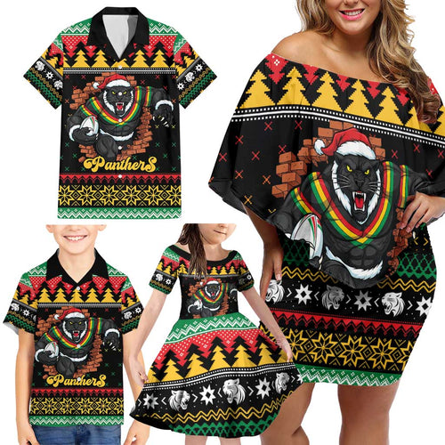 Merry Panther Roar Personalized Family Matching Off Shoulder Short Dress and Hawaiian Shirt Christmas Rugby League Spirit - Aussie Hoodie
