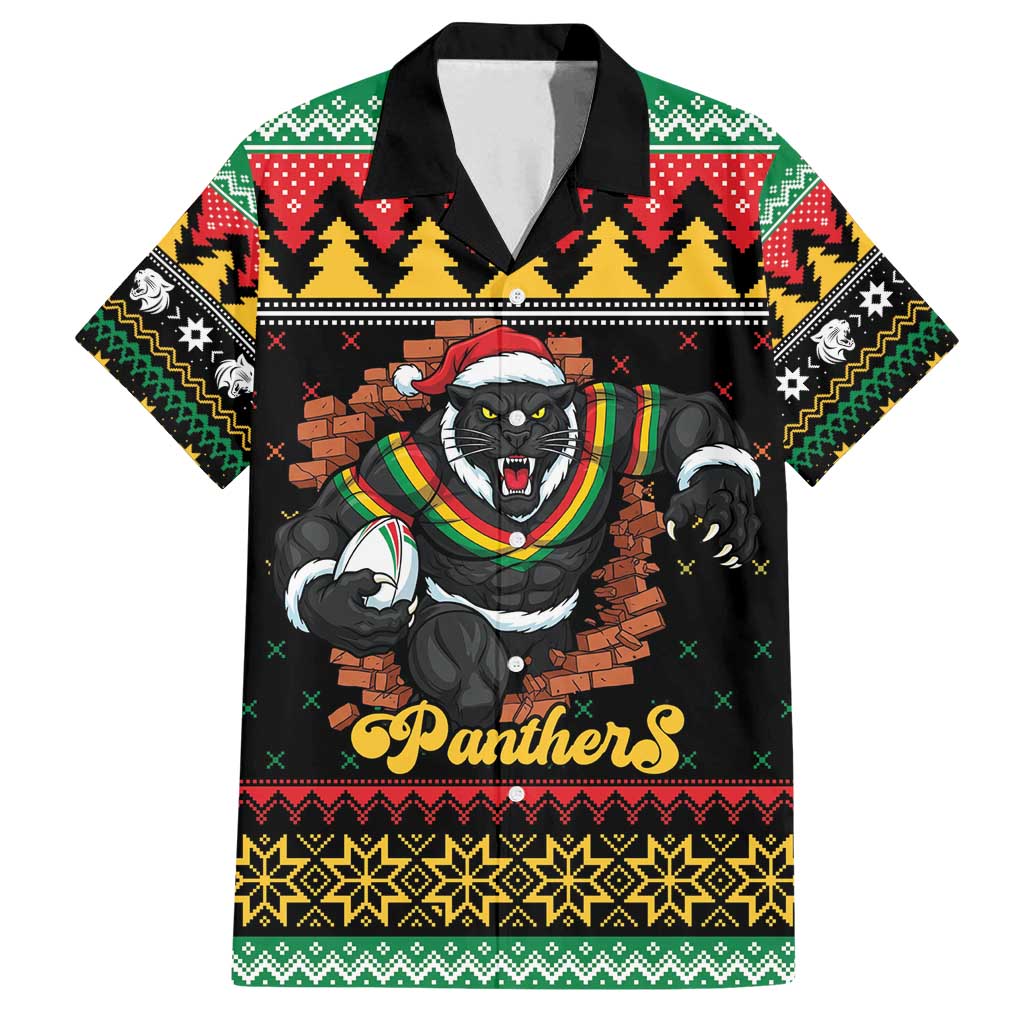 Merry Panther Roar Personalized Family Matching Off Shoulder Short Dress and Hawaiian Shirt Christmas Rugby League Spirit - Aussie Hoodie