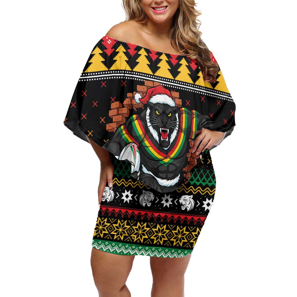 Merry Panther Roar Personalized Family Matching Off Shoulder Short Dress and Hawaiian Shirt Christmas Rugby League Spirit - Aussie Hoodie