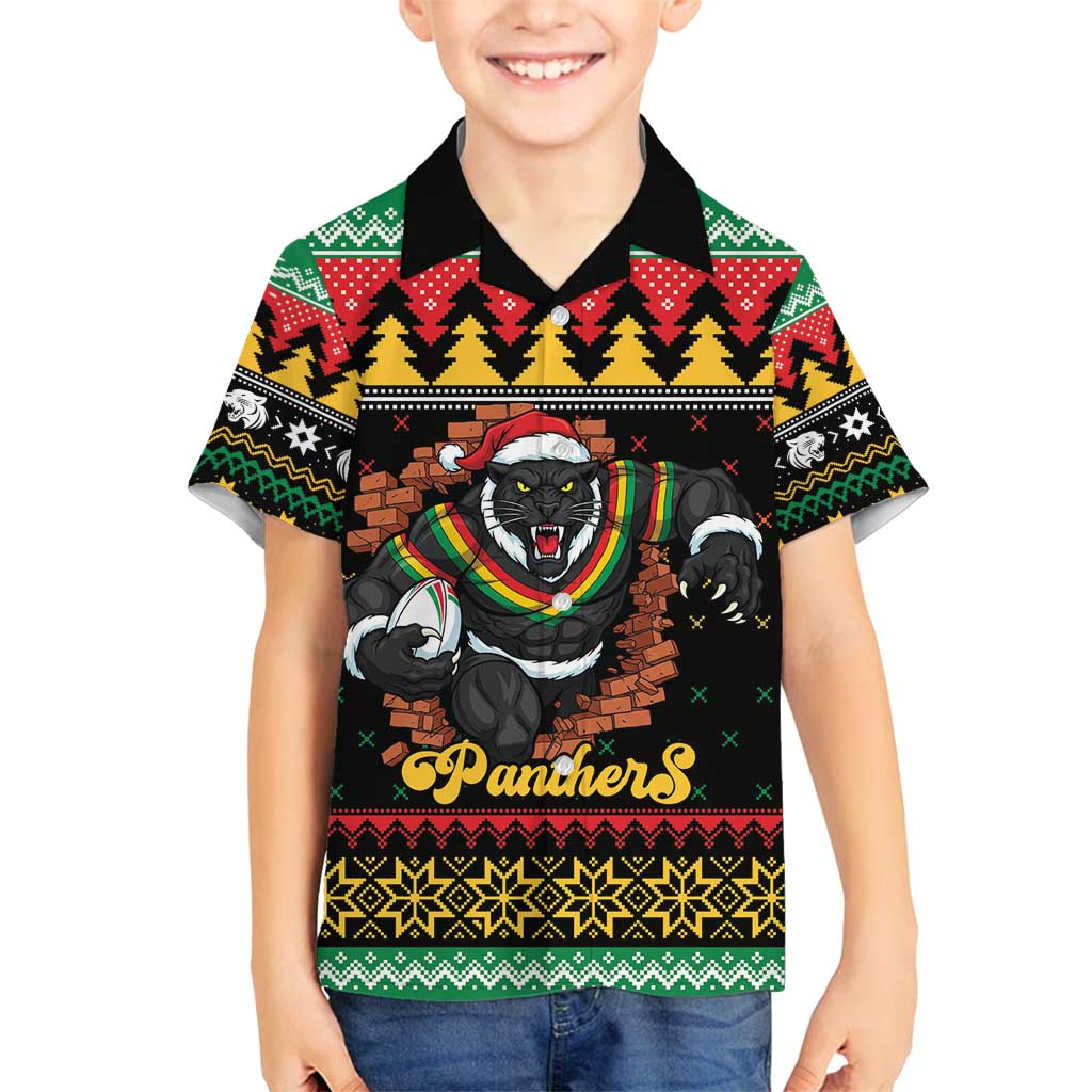 Merry Panther Roar Personalized Family Matching Off Shoulder Short Dress and Hawaiian Shirt Christmas Rugby League Spirit - Aussie Hoodie