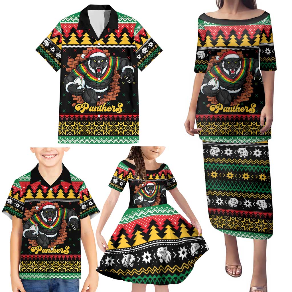 Merry Panther Roar Personalized Family Matching Puletasi and Hawaiian Shirt Christmas Rugby League Spirit - Aussie Hoodie