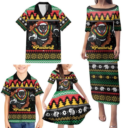 Merry Panther Roar Personalized Family Matching Puletasi and Hawaiian Shirt Christmas Rugby League Spirit - Aussie Hoodie