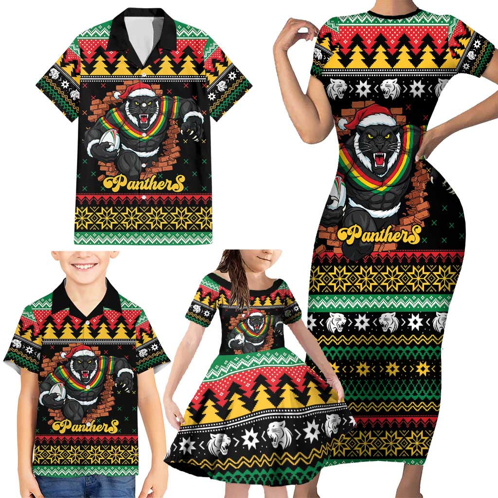 Merry Panther Roar Personalized Family Matching Short Sleeve Bodycon Dress and Hawaiian Shirt Christmas Rugby League Spirit - Aussie Hoodie