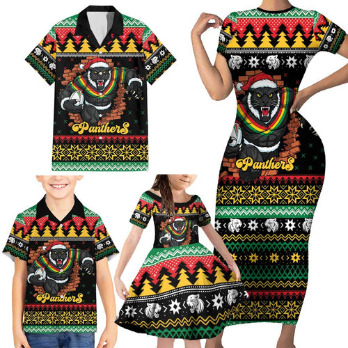 Merry Panther Roar Personalized Family Matching Short Sleeve Bodycon Dress and Hawaiian Shirt Christmas Rugby League Spirit - Aussie Hoodie