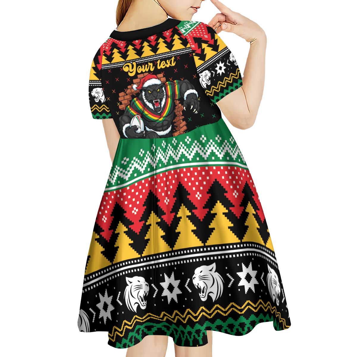 Merry Panther Roar Personalized Kid Short Sleeve Dress Christmas Rugby League Spirit - Aussie Hoodie