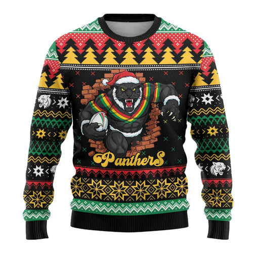 Merry Panther Roar Personalized Ugly Christmas Sweater Christmas Rugby League Spirit - Aussie Hoodie