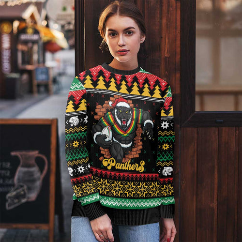 Merry Panther Roar Personalized Ugly Christmas Sweater Christmas Rugby League Spirit - Aussie Hoodie