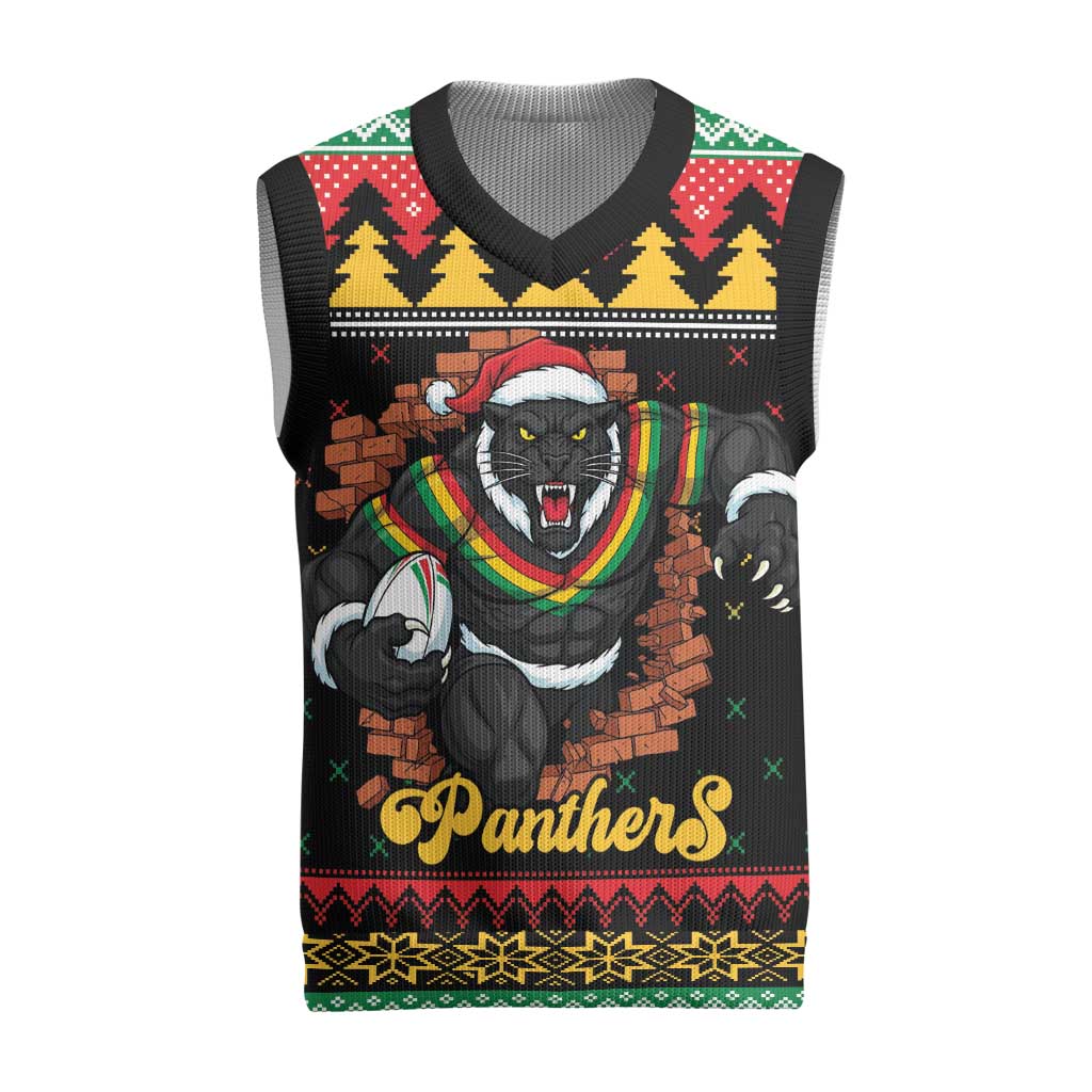 Merry Panther Roar Personalized Christmas Knitted V-Neck Vest Christmas Rugby League Spirit - Aussie Hoodie