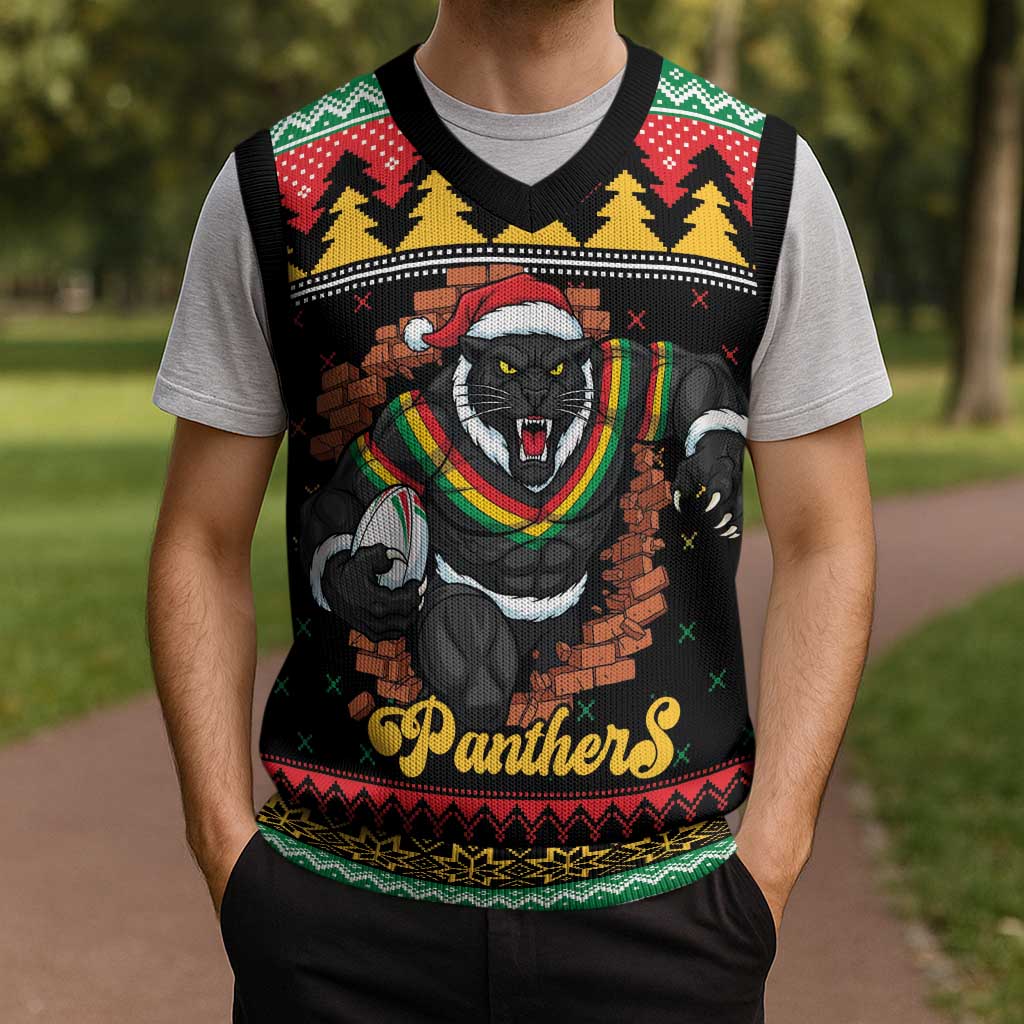 Merry Panther Roar Personalized Christmas Knitted V-Neck Vest Christmas Rugby League Spirit - Aussie Hoodie