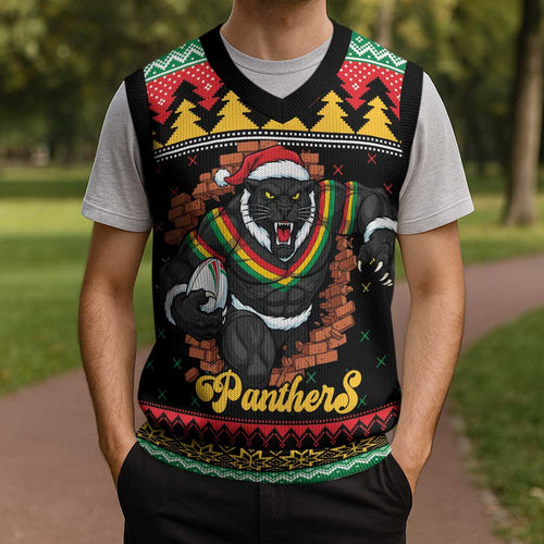 Merry Panther Roar Personalized Christmas Knitted V-Neck Vest Christmas Rugby League Spirit - Aussie Hoodie