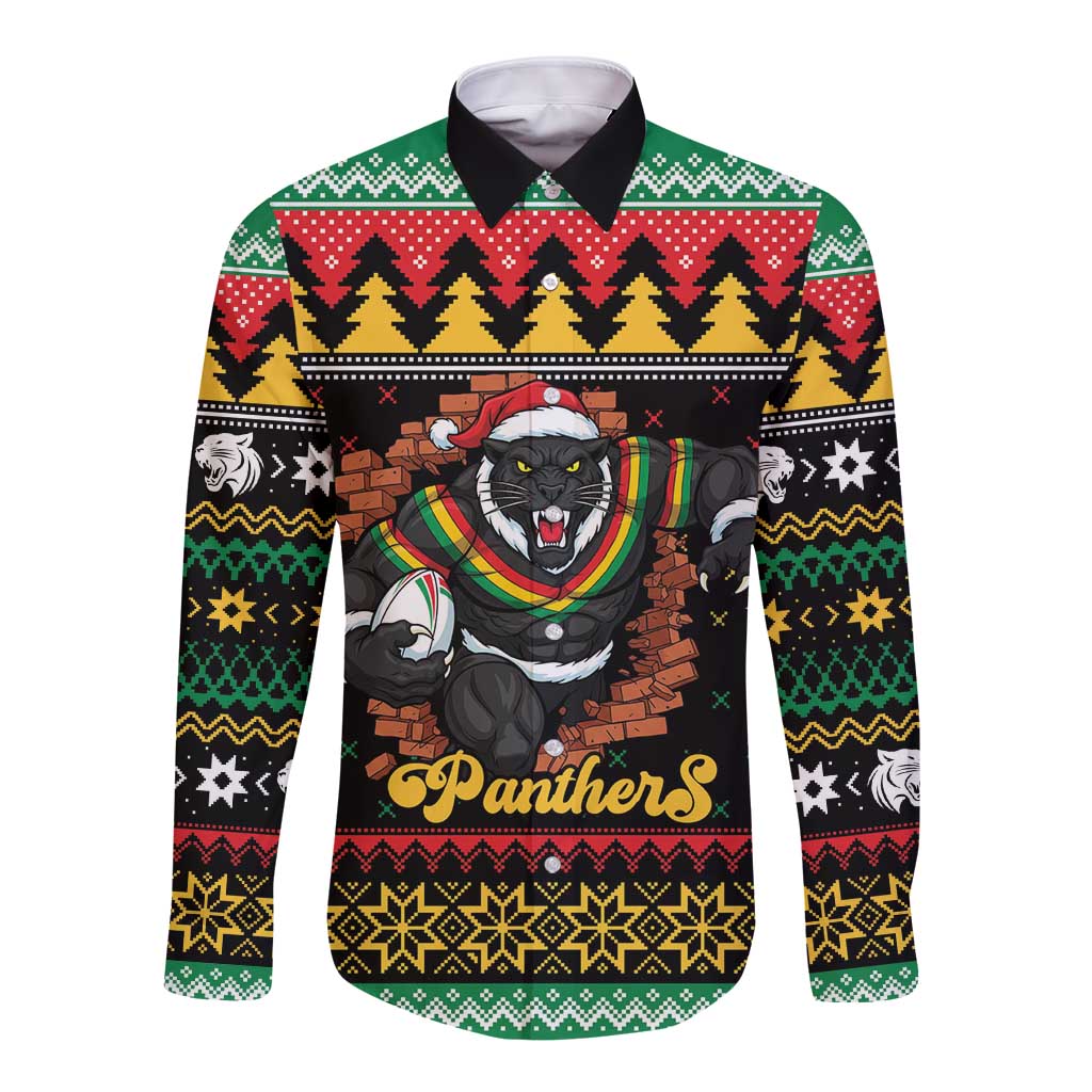 Merry Panther Roar Personalized Long Sleeve Button Shirt Christmas Rugby League Spirit - Aussie Hoodie