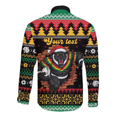 Merry Panther Roar Personalized Long Sleeve Button Shirt Christmas Rugby League Spirit - Aussie Hoodie