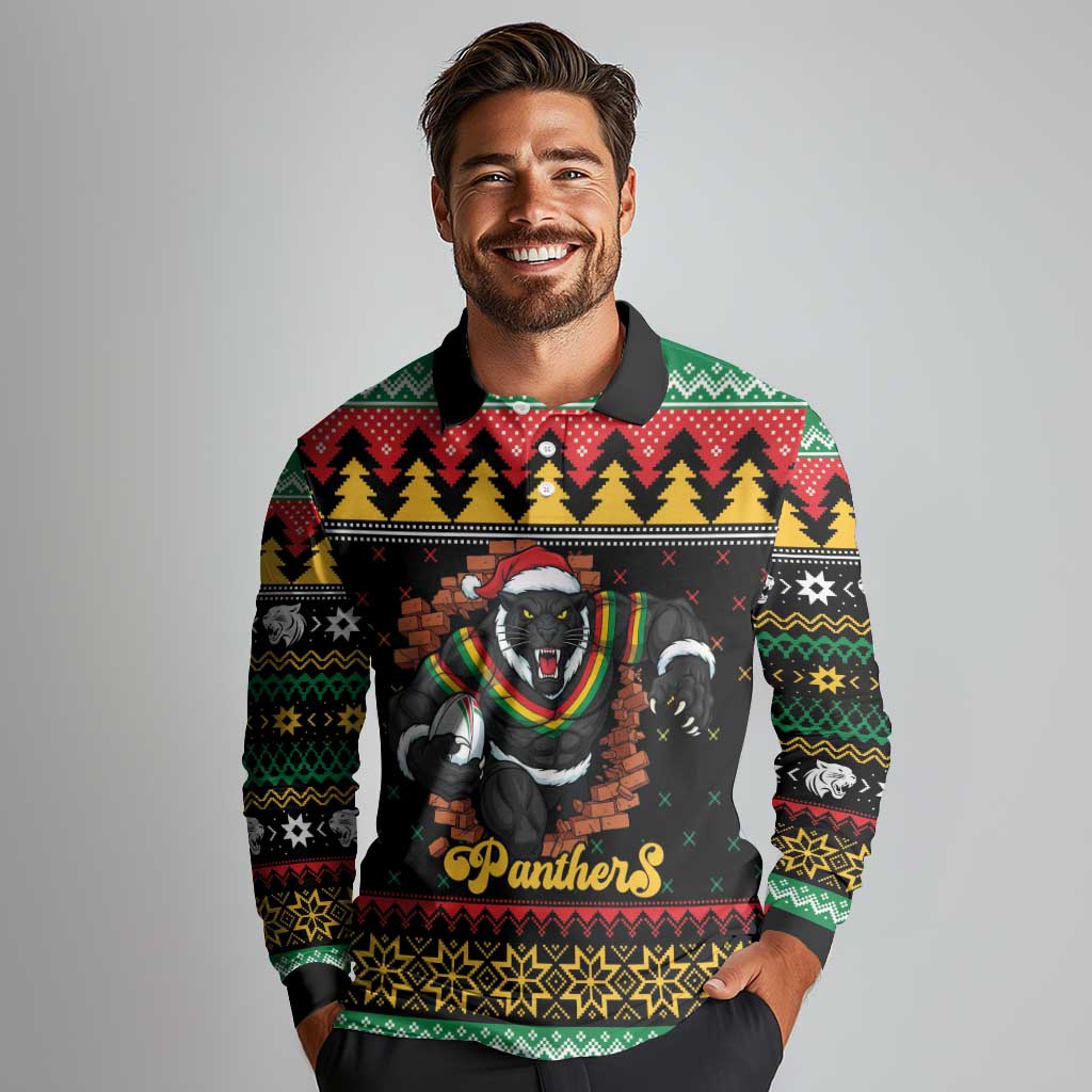 Merry Panther Roar Personalized Long Sleeve Polo Shirt Christmas Rugby League Spirit - Aussie Hoodie