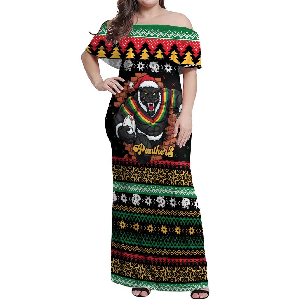 Merry Panther Roar Personalized Off Shoulder Maxi Dress Christmas Rugby League Spirit - Aussie Hoodie