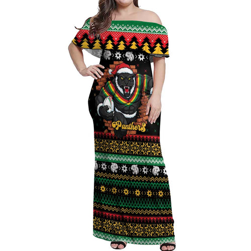 Merry Panther Roar Personalized Off Shoulder Maxi Dress Christmas Rugby League Spirit - Aussie Hoodie