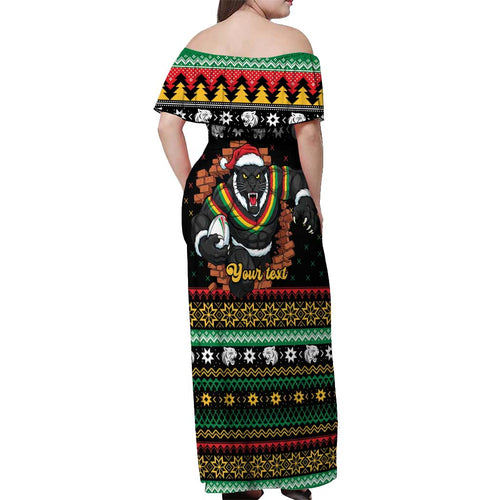 Merry Panther Roar Personalized Off Shoulder Maxi Dress Christmas Rugby League Spirit - Aussie Hoodie