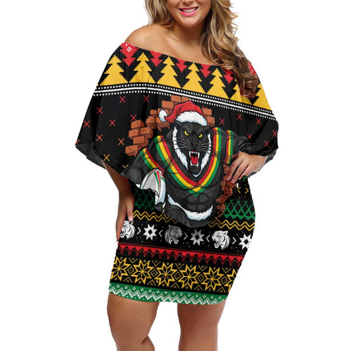 Merry Panther Roar Personalized Off Shoulder Short Dress Christmas Rugby League Spirit - Aussie Hoodie