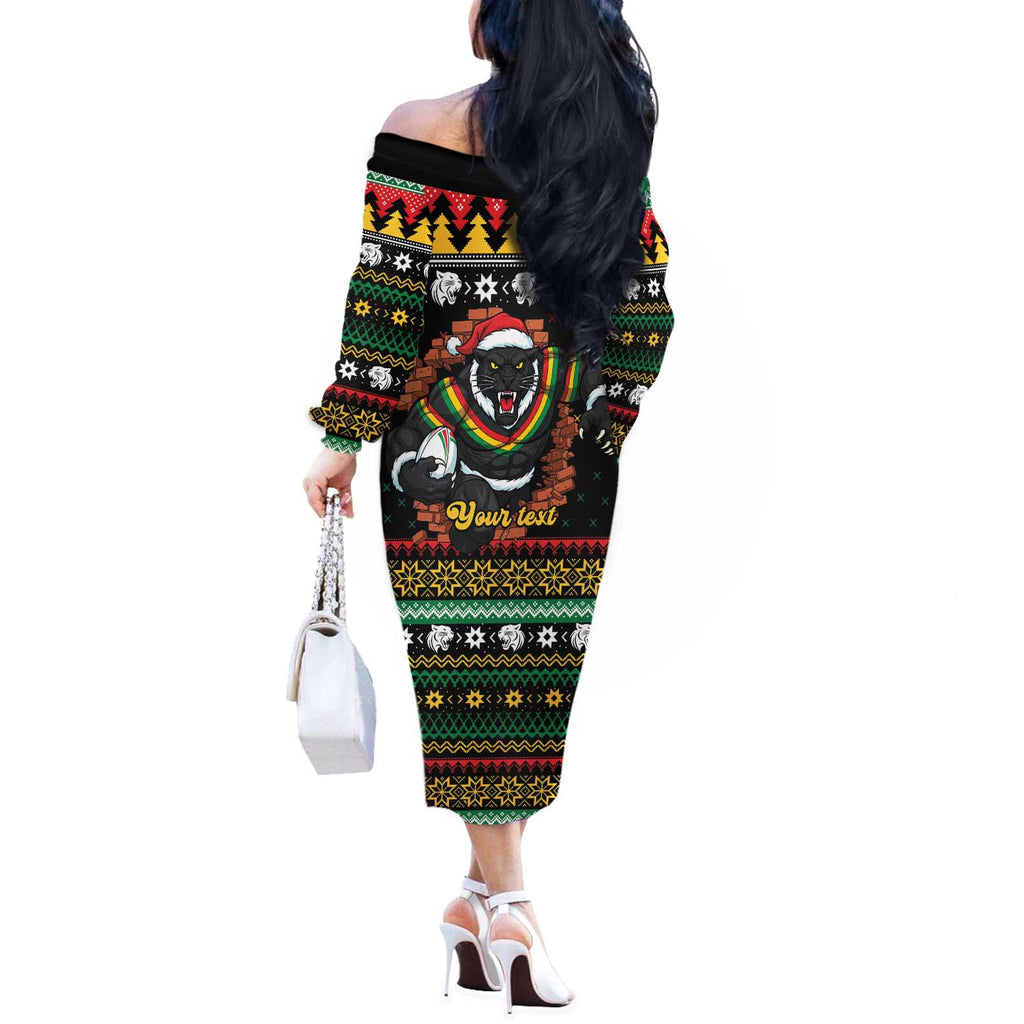 Merry Panther Roar Personalized Off The Shoulder Long Sleeve Dress Christmas Rugby League Spirit - Aussie Hoodie