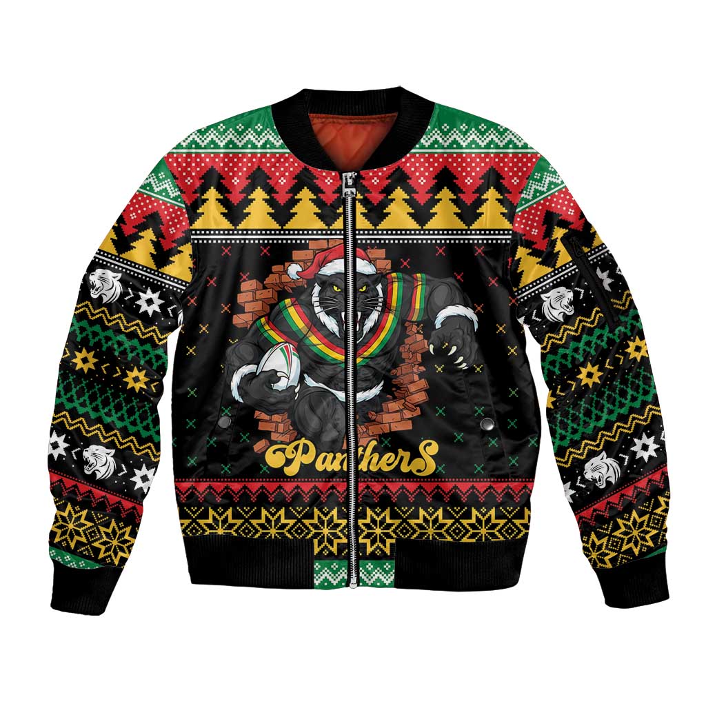Merry Panther Roar Personalized Sleeve Zip Bomber Jacket Christmas Rugby League Spirit - Aussie Hoodie