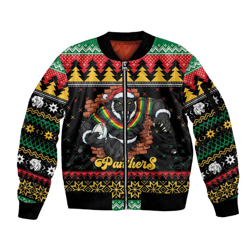 Merry Panther Roar Personalized Sleeve Zip Bomber Jacket Christmas Rugby League Spirit - Aussie Hoodie