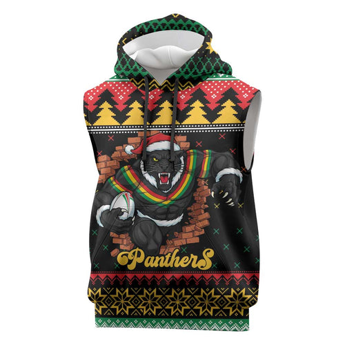 Merry Panther Roar Personalized Sleeveless Hoodie Christmas Rugby League Spirit - Aussie Hoodie